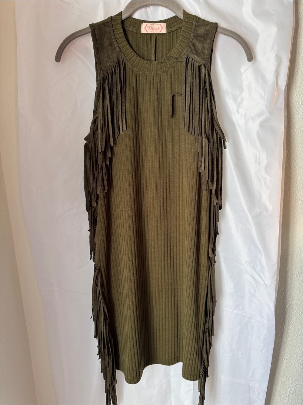 Blush Olive Fringe Ribbed Sleeveless Dress